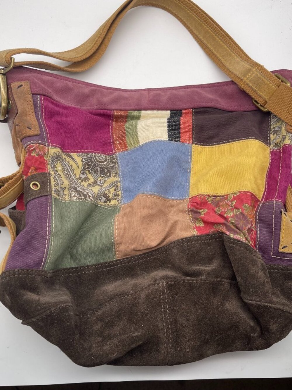 Vintage Lucky Brand Suede Canvas Patchwork Tote Bag Boho Y2K